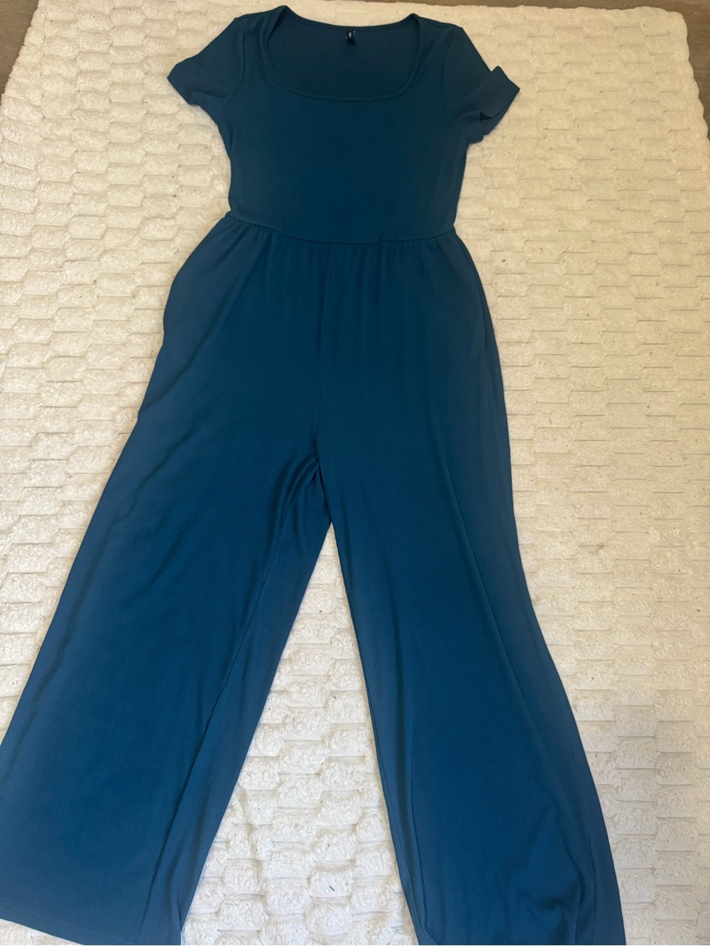 PrettyGarden Teal Ribbed Wide Leg Jumpsuit Women’s Large Short Sleeve - Picture 2 of 6